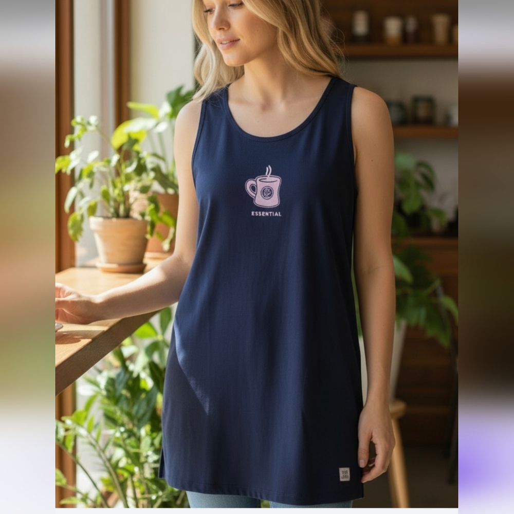 Life Is Good Navy Tank Top with Pink Mug Graphic